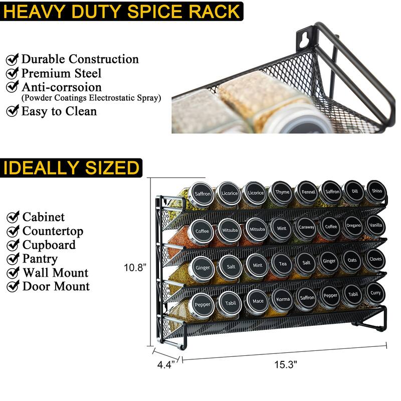 Spice Rack Organizer with 32 Spice Jars,386 Spice Labels, Chalk Marker and Funnel Door & Wall Mount - 32 Jars,15.3" W × 10.8"