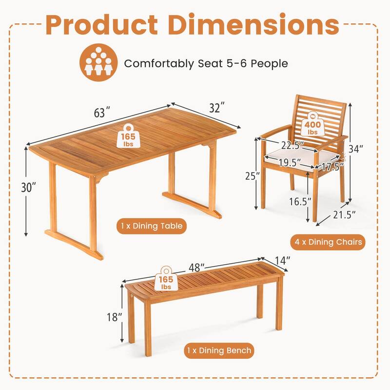 Costway 6PCS Outdoor Acacia Wood Dining Set Rectangle Dining Table - See Details