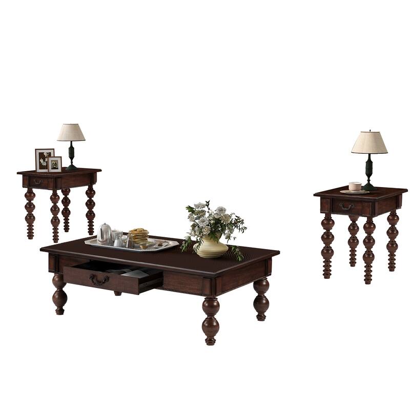 Solid Wood Coffee Table Set of 3 with Drawer, Vintage Coffee Table and 2 End Side Table for Living Room, Office