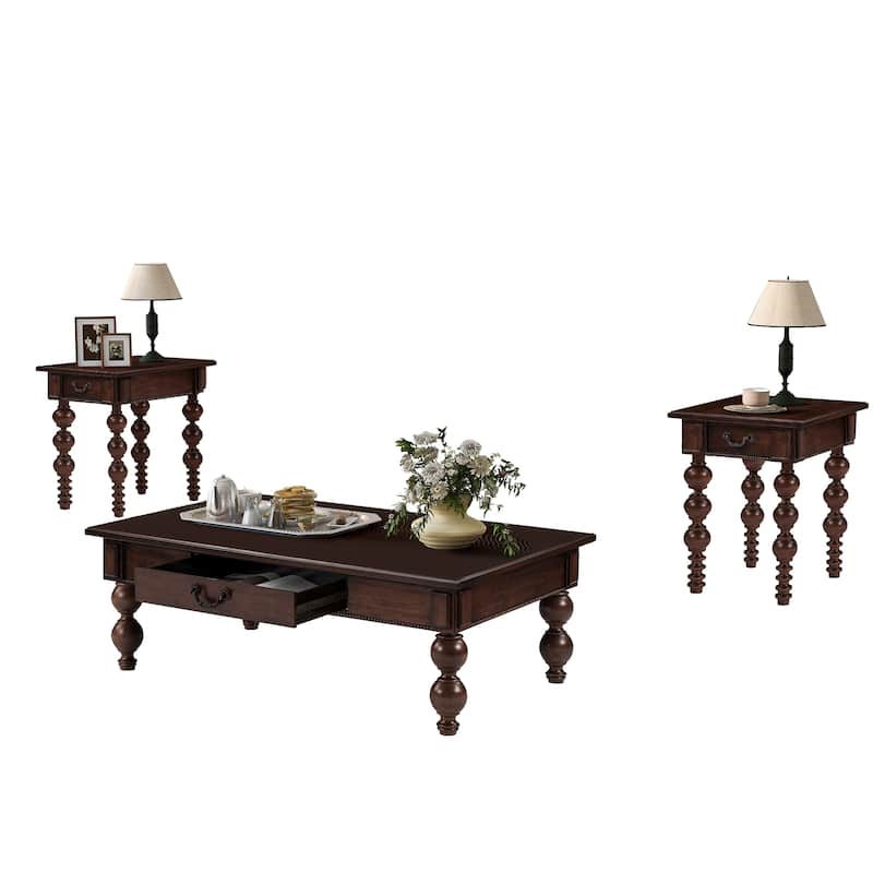 Solid Wood Table Sets of 3 with Coffee Table and 2 End Tables, Vintage Tables with Storage Drawers and Unique Gourd-Shaped Legs