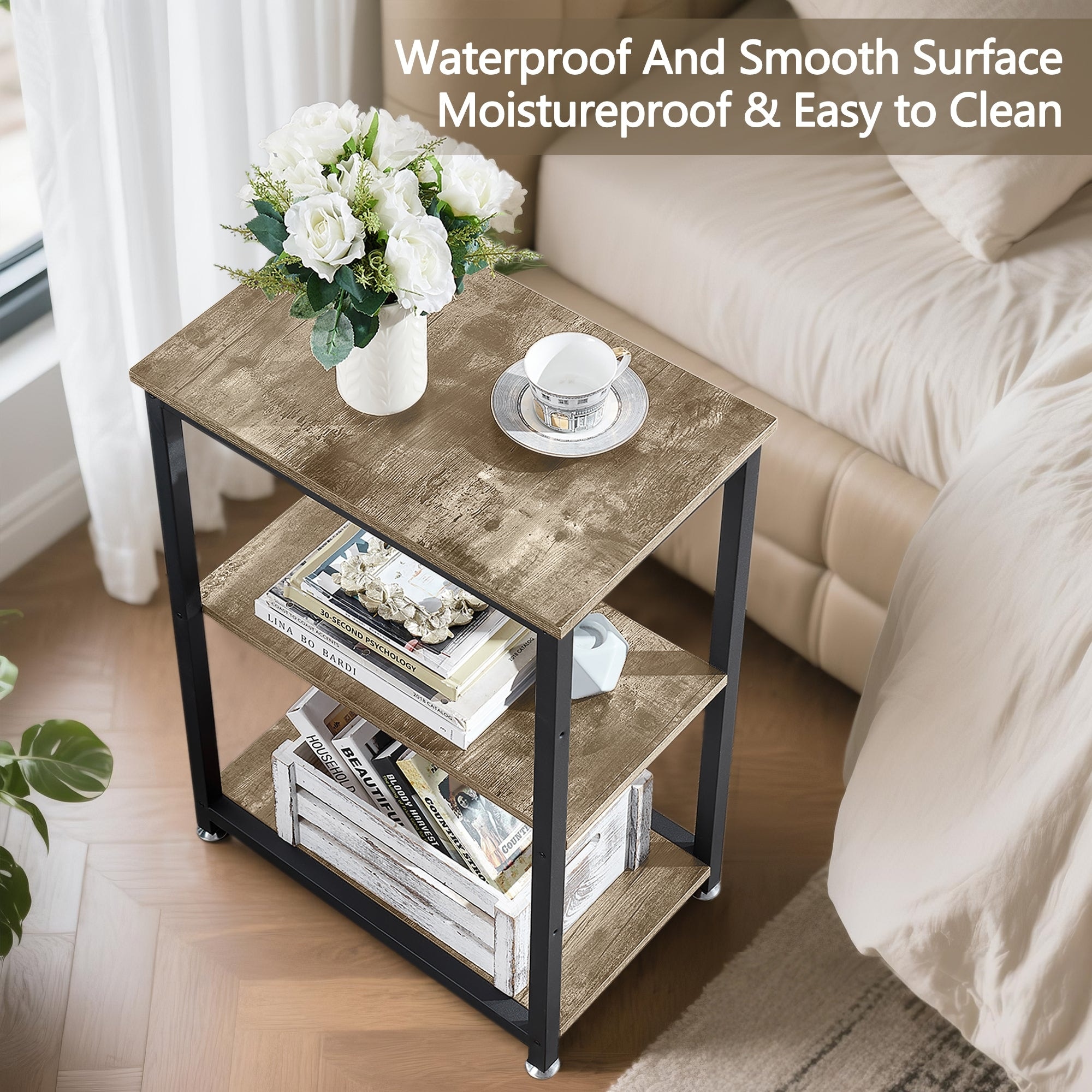 Javlergo Set of 2 End Side Table with 3-Tier Storage Shelf - On