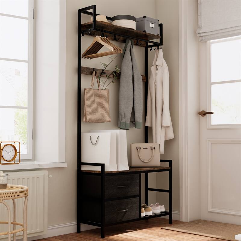 33.1" 5-in-1 Coat Rack with 2 Movable Drawers, Shoe Storage and Hooks