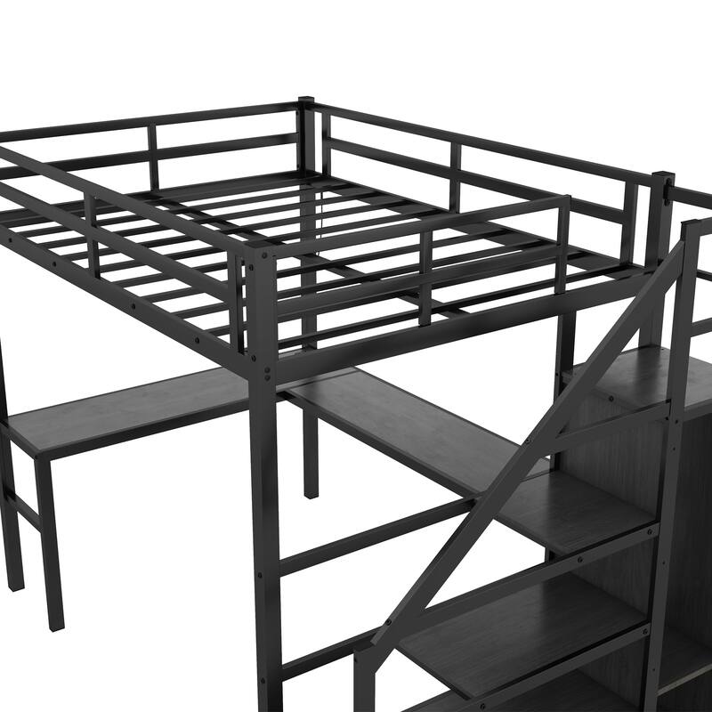 Full Size Metal Loft Bed with L-shaped Desk, LED, and Wardrobe