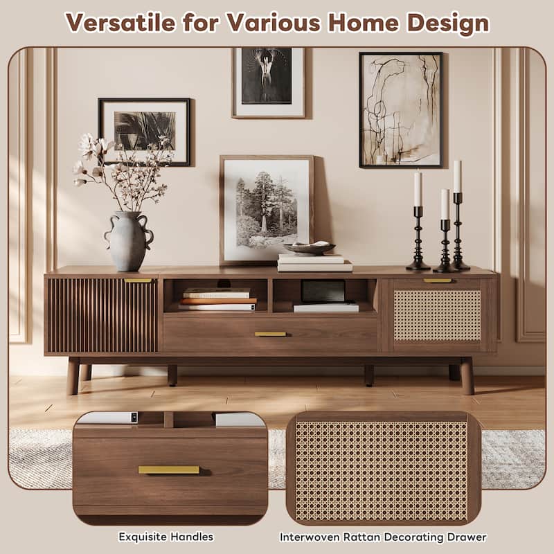 66.9" Modern Wood TV Stand for 75 Inch TVs, Media Console with Soft-Close Doors, Rattan Drawer & Drop-Down Cabinet
