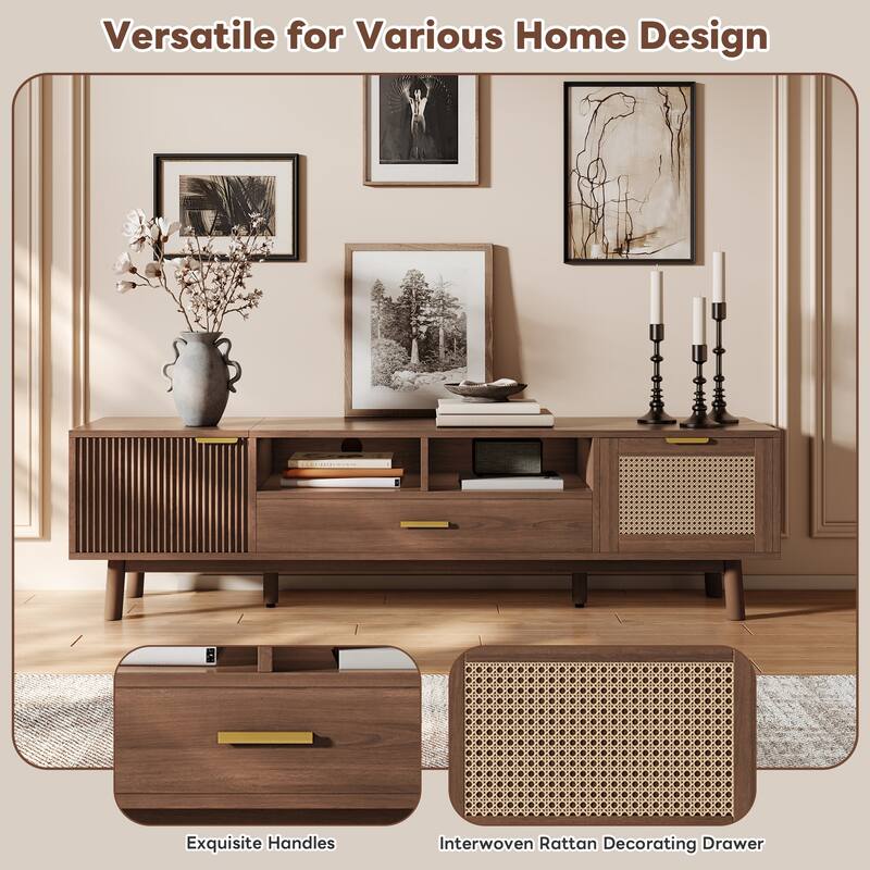 66.93" Rattan Media Console with Interwoven Doors and Concealed Storage