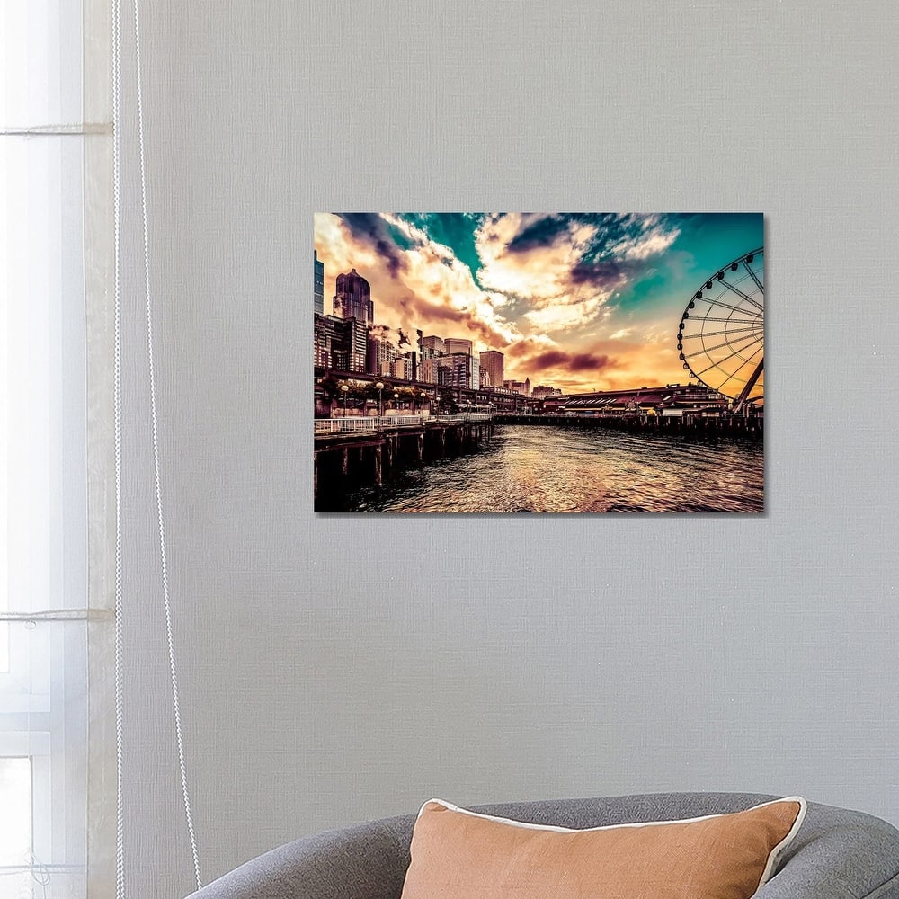 iCanvas "Turquoise Seattle Sunrise Great Wheel Pier 57 Cityscape" by Nature Magick Canvas Print