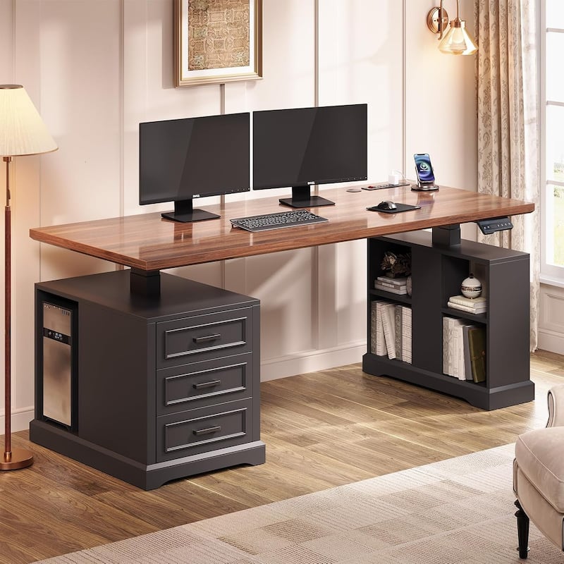 Electric Standing Desk Height Adjustable Computer Desk 3 Drawers Storage Shelves - Black - 27.6"D x 63"W
