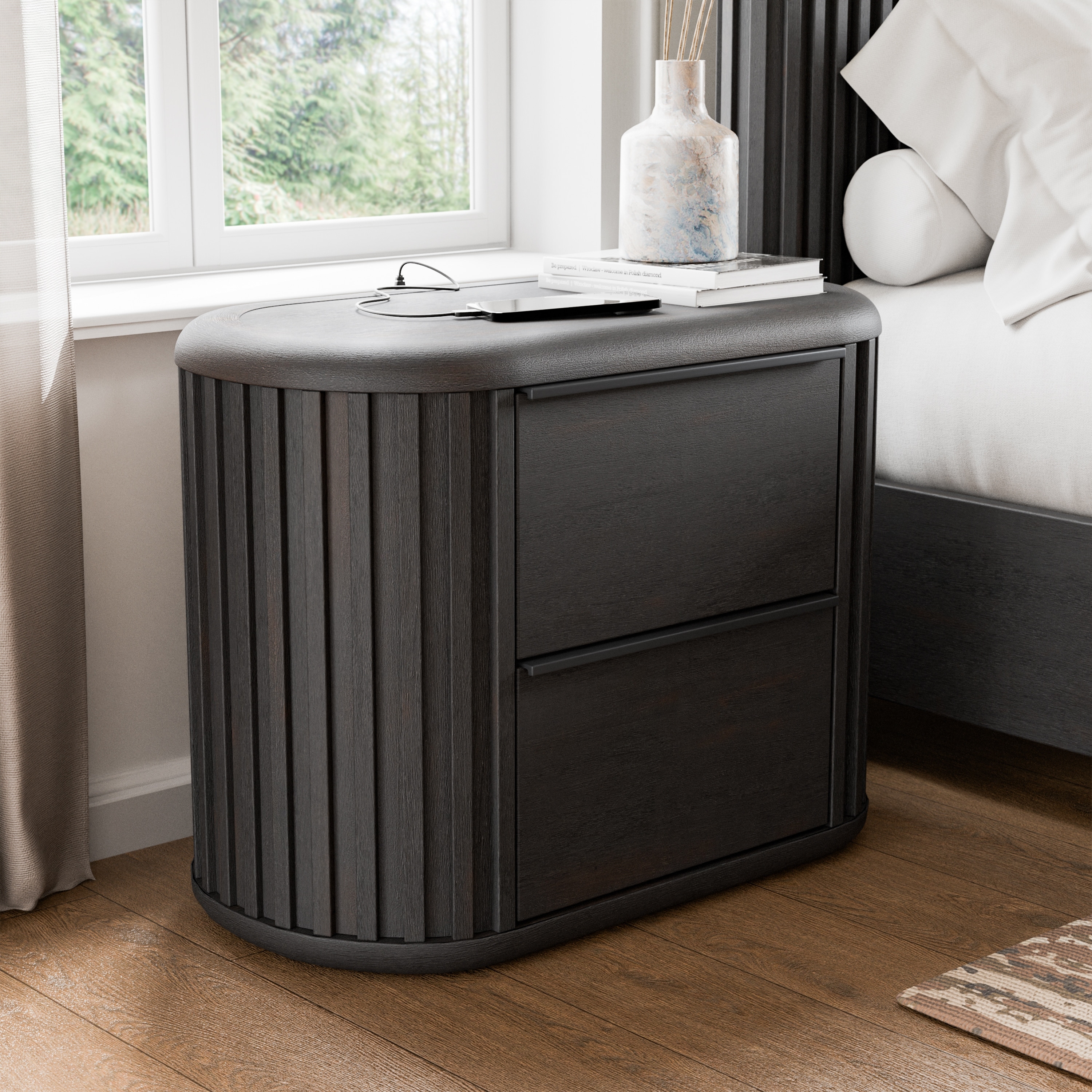 Furniture of America Caelan Modern Black Solid Wood 2-Drawer Nightstand