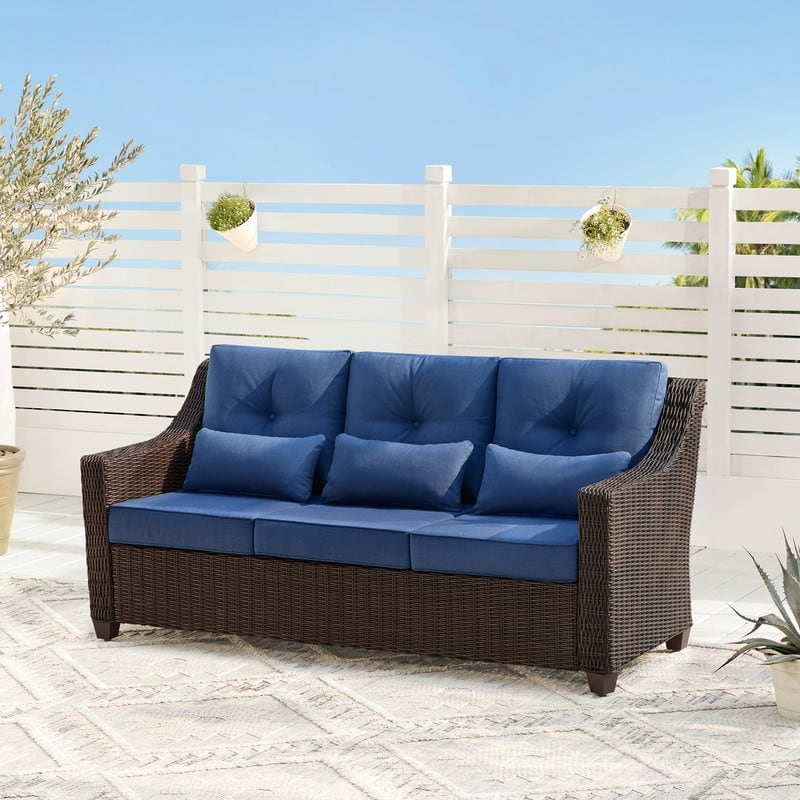 Murphy Outdoor Wicker Patio Outdoor Sofa Swivel Chair Coffee Table - 1 Sofa - Chestnut Wicker-Blue