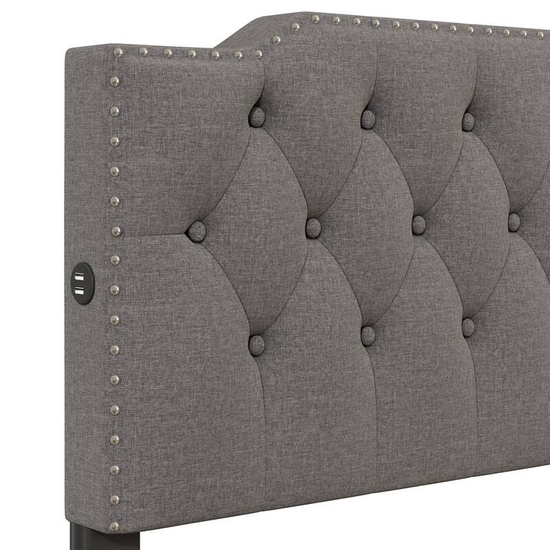 Queen Size Upholstered Platform Bed with 2 Drawers and 2 sets of USB Ports on each side, Linen Fabric
