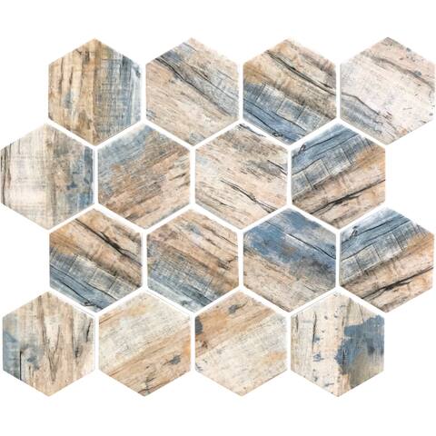 10 pack 10.2-in x 11.7-in Blue Beige Matte Finished Recycled Glass Hexagon Mosaic Tile (8.29 Sq ft/case)