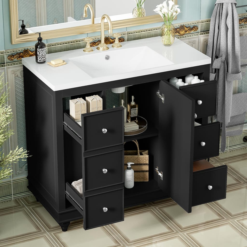 Contemporary Black Bathroom Vanity Cabinet - 36x18x34 inches, 4 Drawers & 1 Cabinet Door, Multipurpose Storage