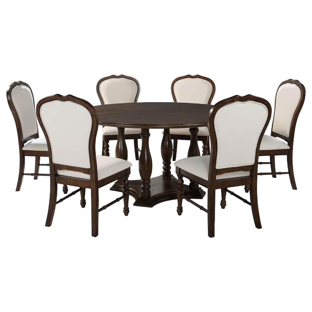 Monta 7pc Round Dining Table Set, Ivory Fabric, Cherry Brown Wood