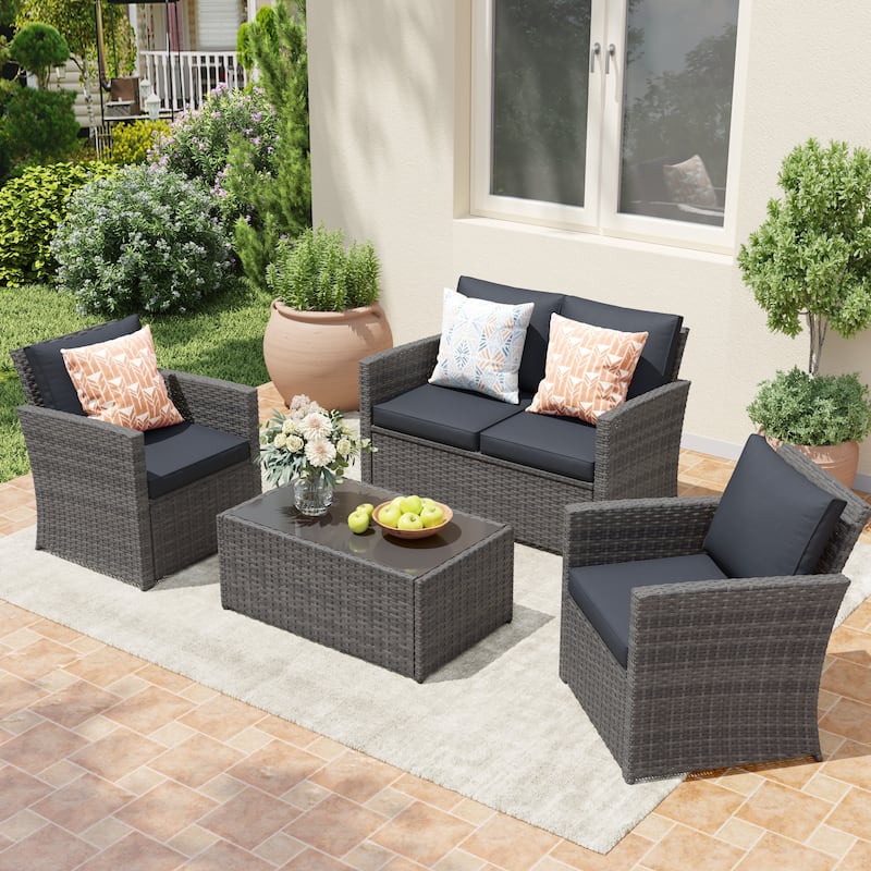 4 Person Patio Rattan Conversation Set with Grey Cushions Outdoor Tempered Glass Table