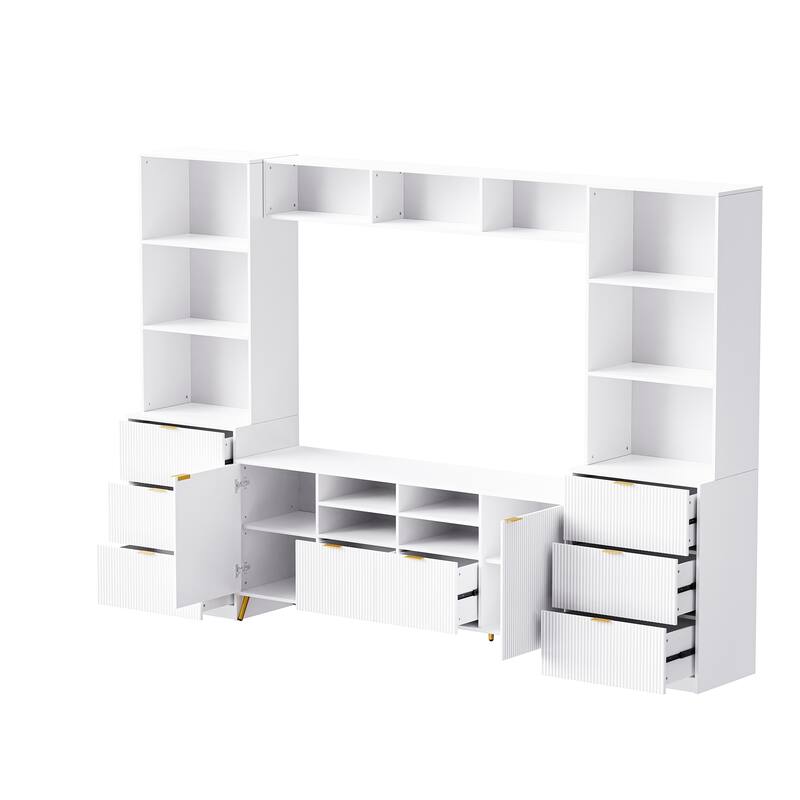 Roomfitters 4-Piece Entertainment Wall Unit for up to 70 Inch TV, Media Storage Cabinet with Shelves and Fluted Panels, White