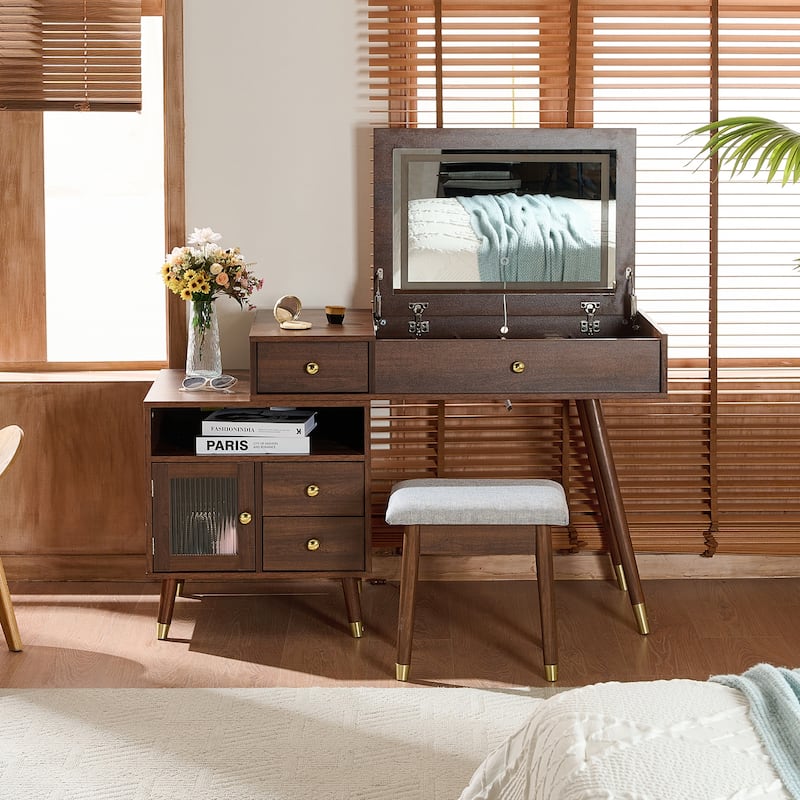 3-in-1 Vanity Desk with Lighted Flip-Top Mirror & Retractable Side Cabinet, Vanity Set with Stool & Storage Drawers