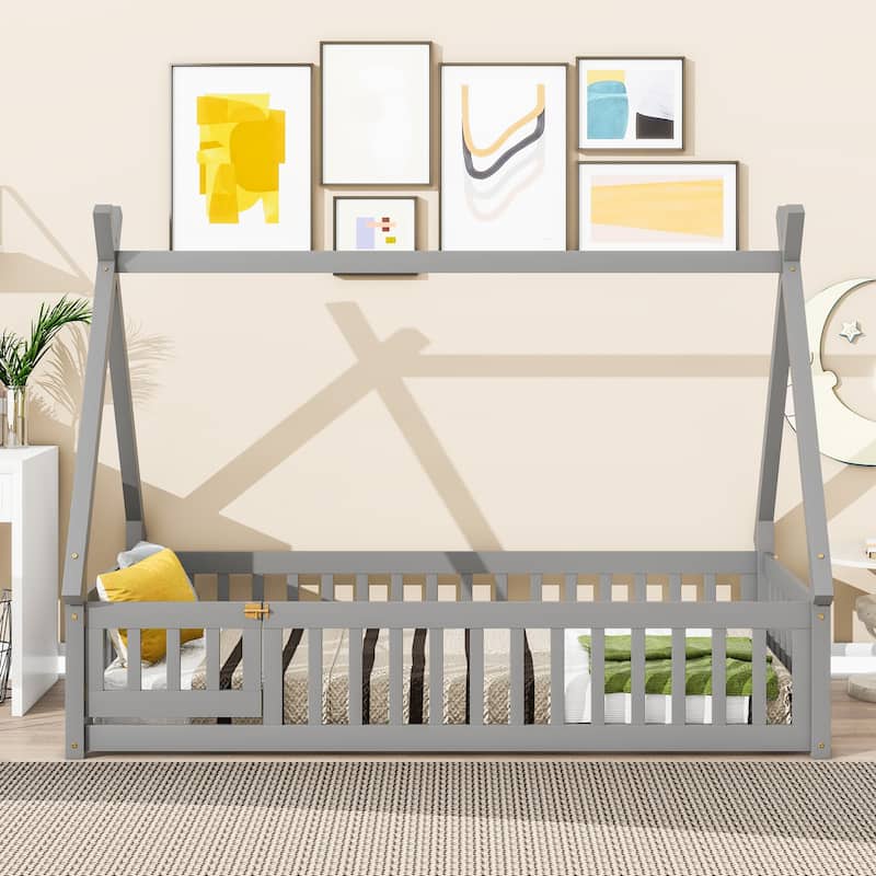 Grey Twin Size Pine Tent-shaped Floor Bed with Guardrails & Door