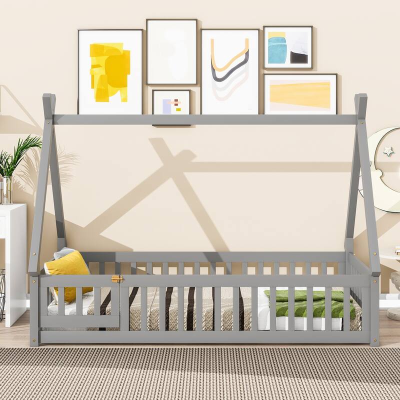 Twin Tent-shaped Floor Bed with Guardrails, Slats, and Door in Grey