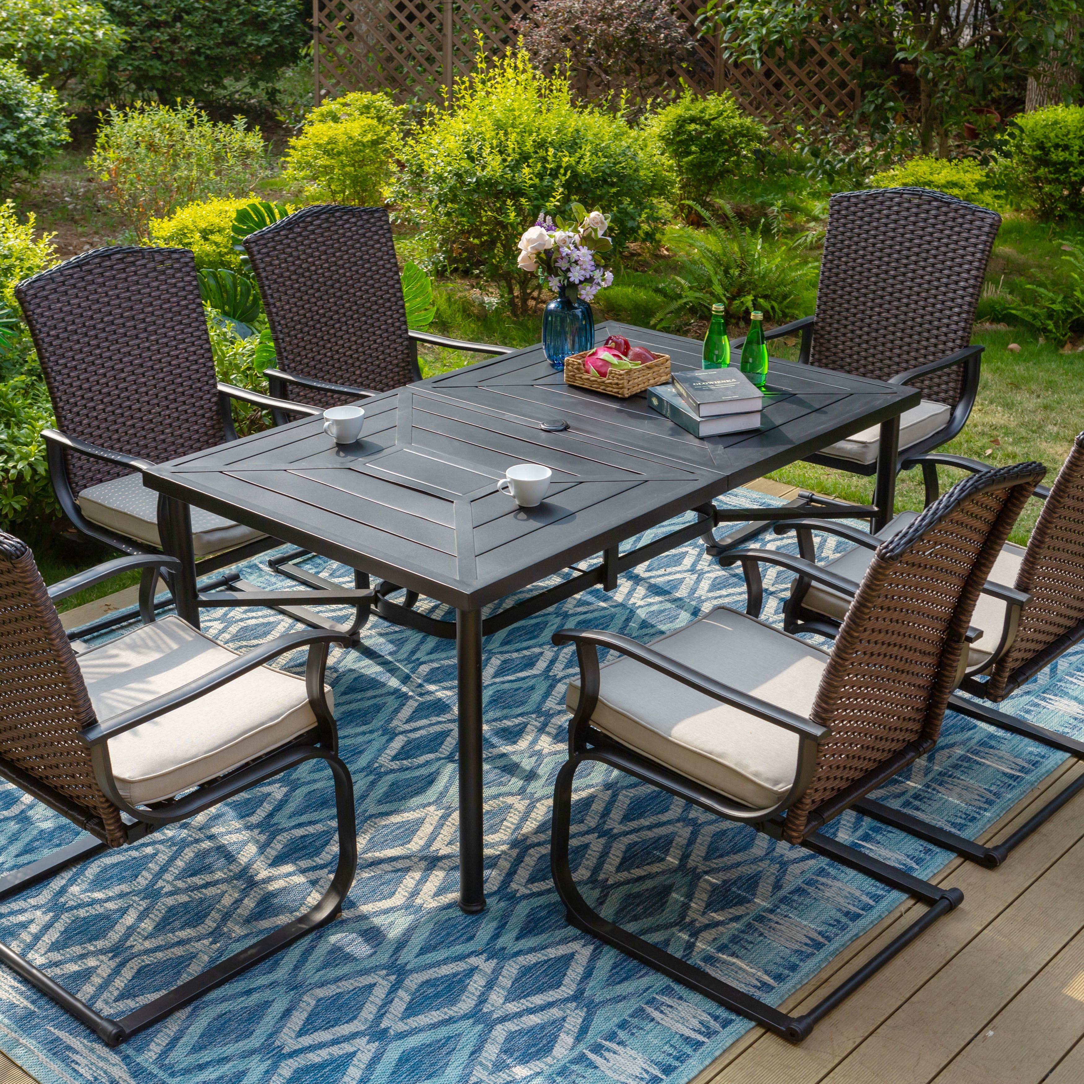 7 Piece Patio Dining Set 6 Rattan Wicker C Spring Rocking Chairs