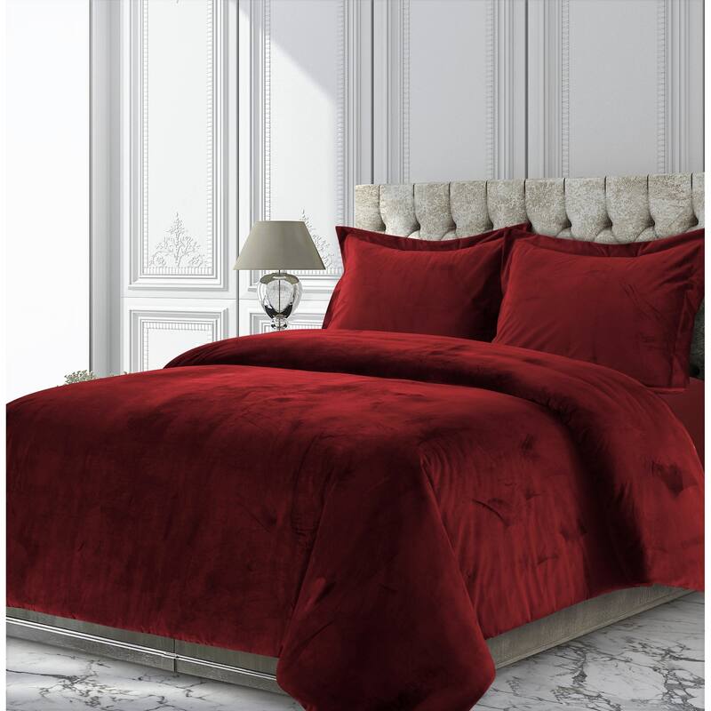 Venice Velvet Oversized Solid Duvet Cover Set - King - Burgundy