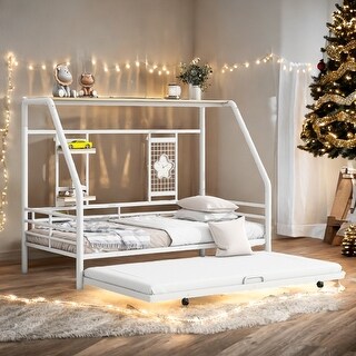 Metal Twin Size House Bed with Trundle and Built-in Shelf and Grid