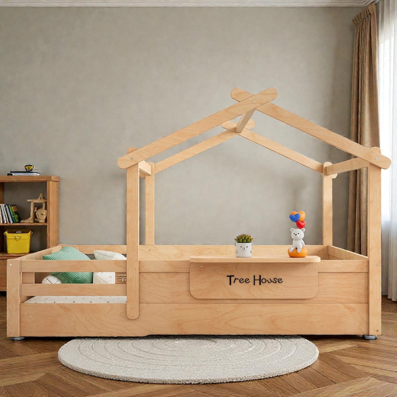 Kids House Floor Bed with Guardrails and Roof, Built-in Tray and Signboard, Montessori Floor Bed for Toddlers