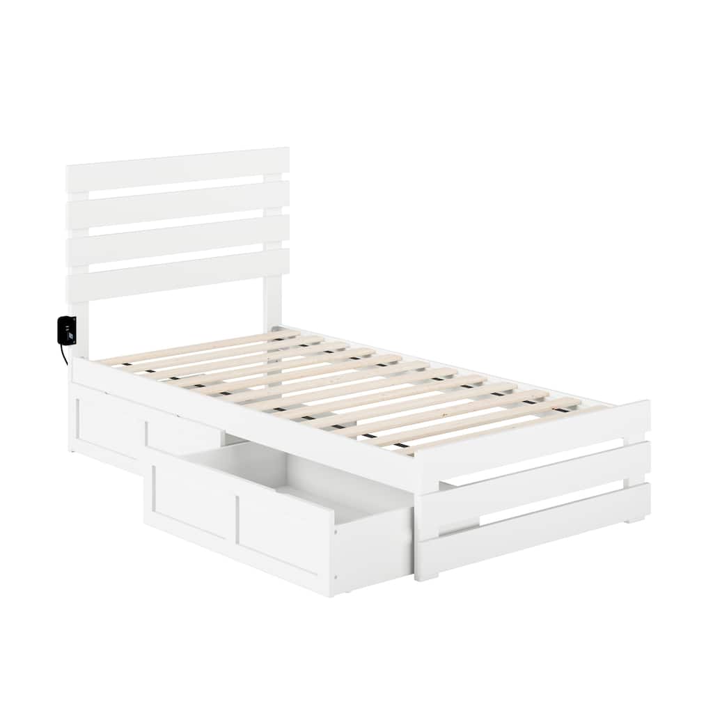Twin Bed with Footboard & Drawers - USB Charger, Solid Wood Frame, Slat Support - White - 76" x 40"