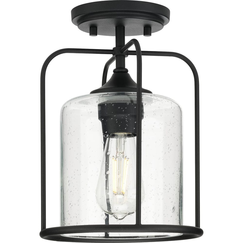 Watch Hill Collection One-Light Textured Black Clear Seeded Glass Farmhouse Semi-Flush Light - 8.5 in x 8.5 in x 11.62 in
