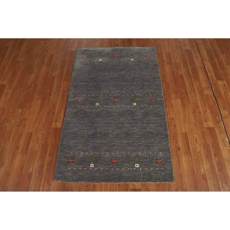 Hand Knotted Oriental 100% Wool Carpet Tribal Animal Pictorial Greys & Charcoal Gabbeh Area Rug - 4' 11'' X 3' 0''