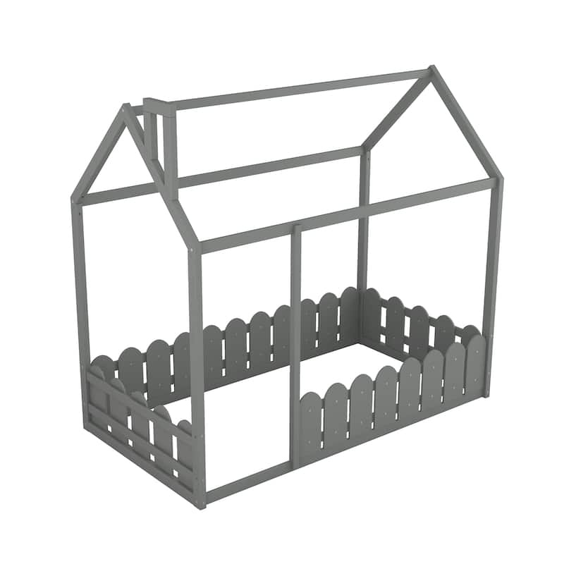 Playful Twin Wood Bed Frame with House Design, Fence, and Cozy Sleeping Space for Children