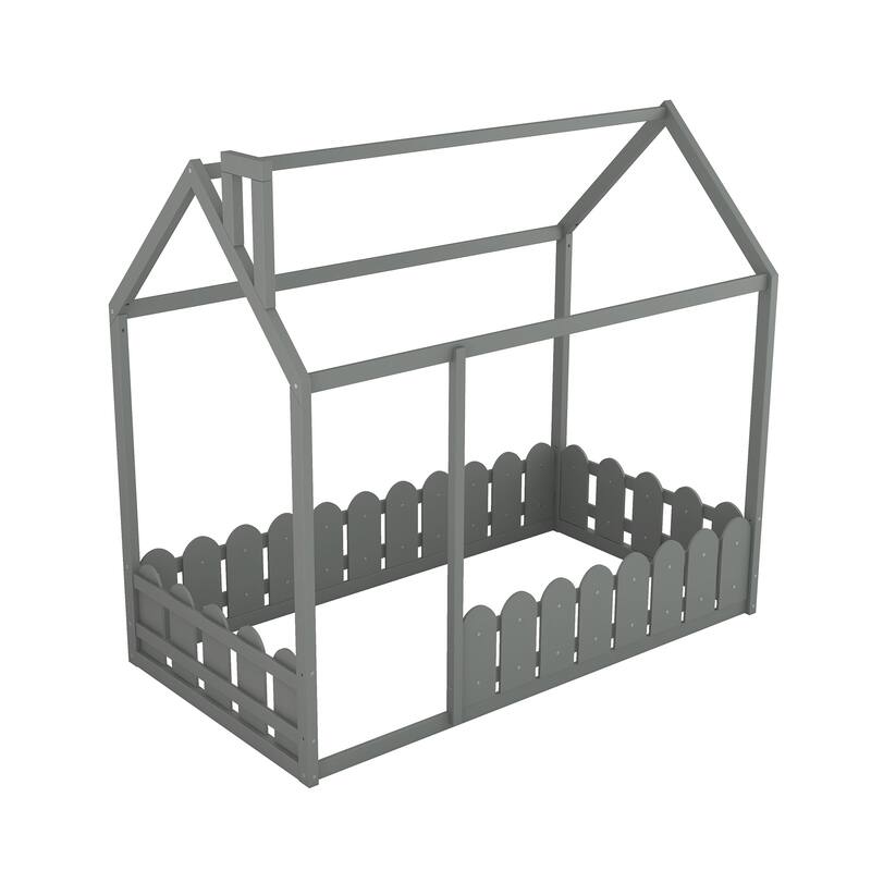 Twin Size Wood House Bed Frame with Fence for Kids and Teens, Gray