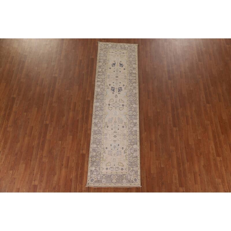 Hand Knotted Oriental 100% Wool Carpet Transitional Geometric Beige & Ivories Oushak Runner Rug - 9' 8'' X 2' 8''