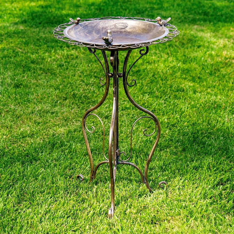 28.75" Tall Ornate Iron Birdbath with 3 Small Birds "Stephania"