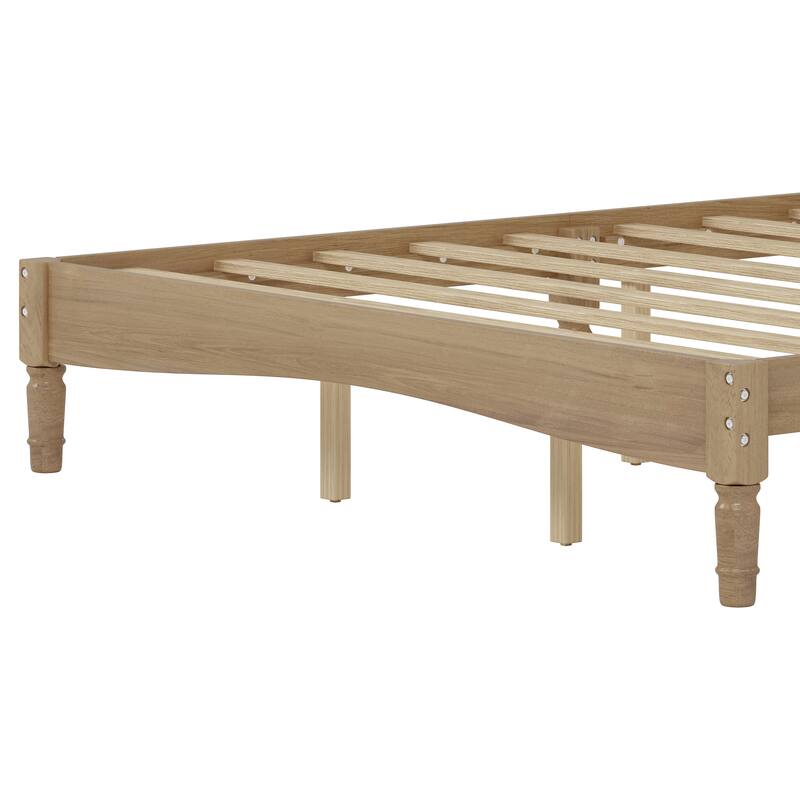 Natural Wood Queen Platform Bed with Curved Gourd Headboard, Vintage-Inspired Frame with Sturdy Slat Support