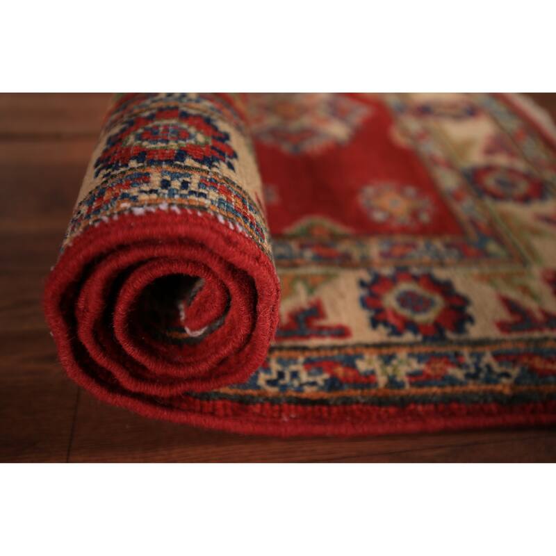 Geometric Red Kazak Foyer Rug Hand-Knotted Traditional Wool Carpet - 2'0" x 3'0"