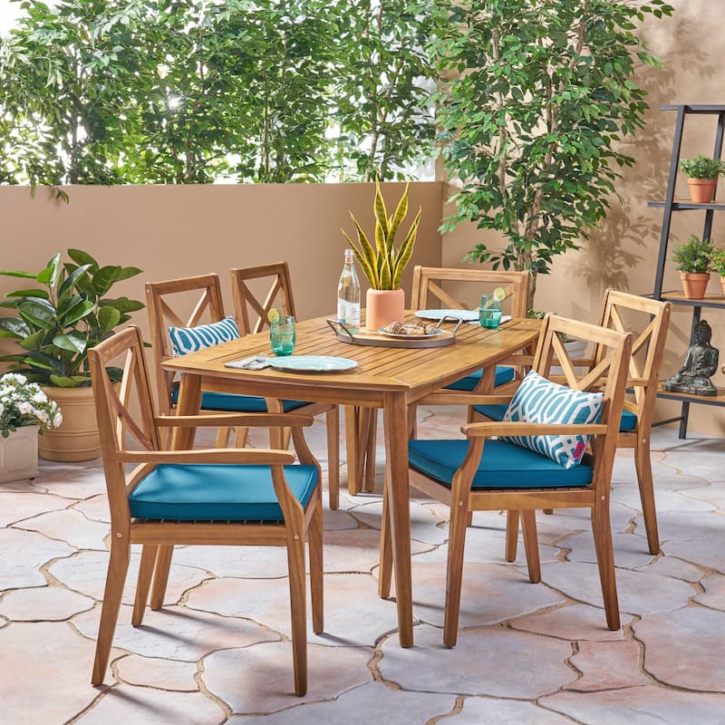 Llano Outdoor 7-piece Acacia Dining Set by Christopher Knight Home - Teak + Blue Cushion