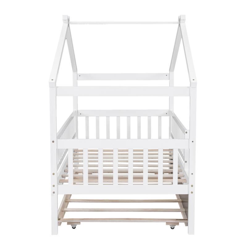 Twin Pine House Bed with Trundle, Guardrail & Roof