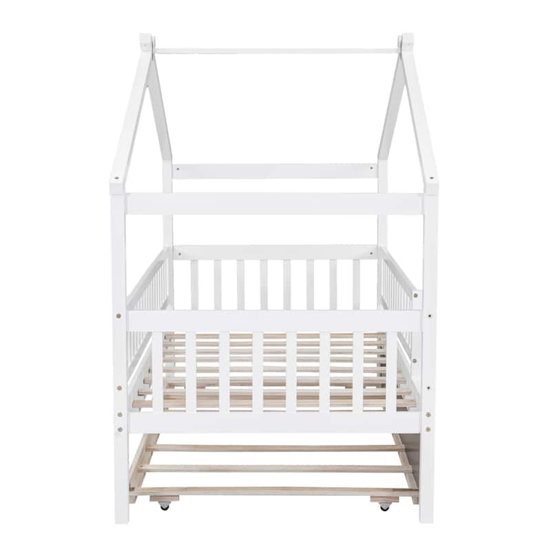 Twin Size House Bed with Trundle, Wooden Playhouse Kids Bed Frame with Roof and Fence, Montessori Style Bed