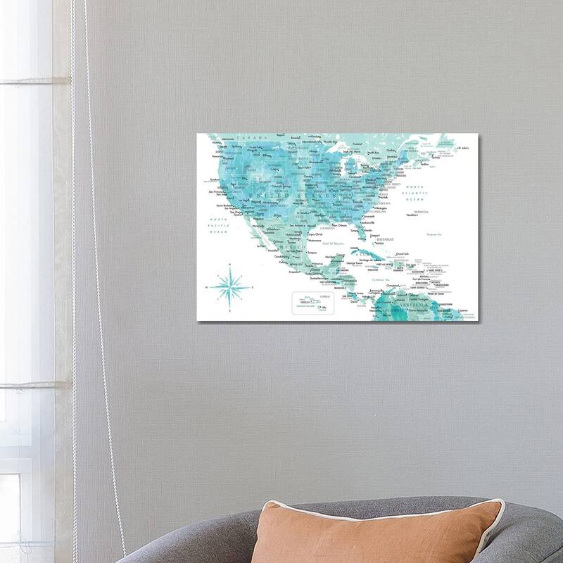 iCanvas "Map Of The Usa And The Caribbean Area In Aquamarine Watercolor" by blursbyai Canvas Print - 18x26x1.5