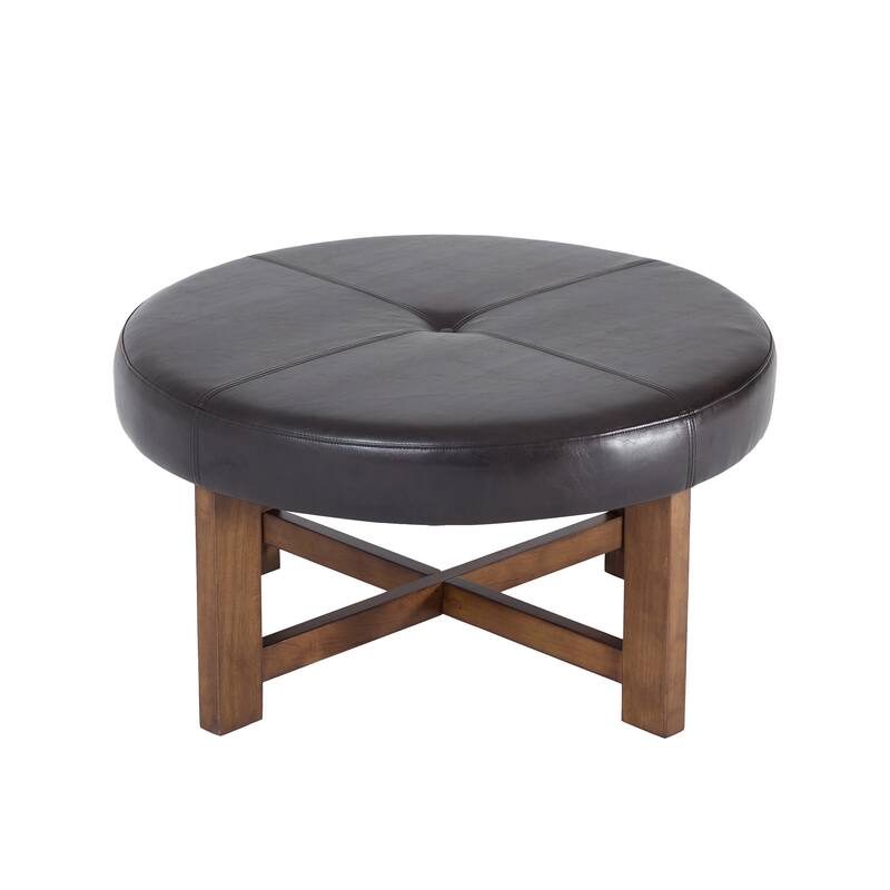 Christopher Knight Home - Marlowe Modern Round Faux Leather Ottoman Coffee Table with Tufted Top and Wood Base