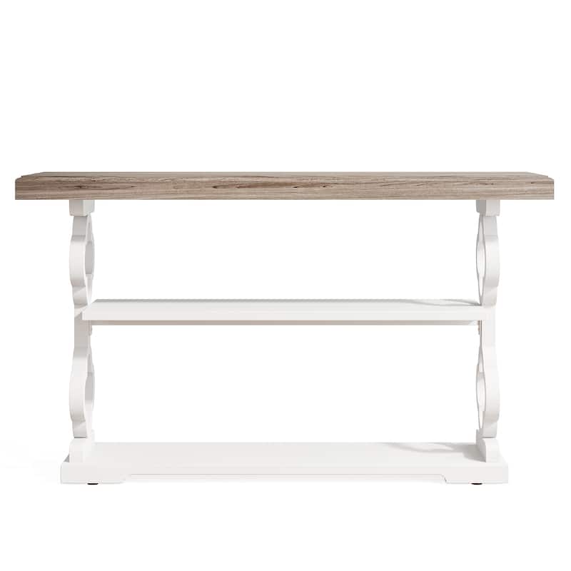 55" French Country Console Table - Farmhouse Sofa Table with 3 Storage Shelves for Hallway, Foyer & Living Room