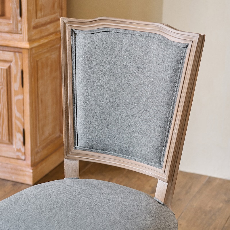 Set of 2 French Side Chairs with Carved Wood Legs & Linen Upholstery