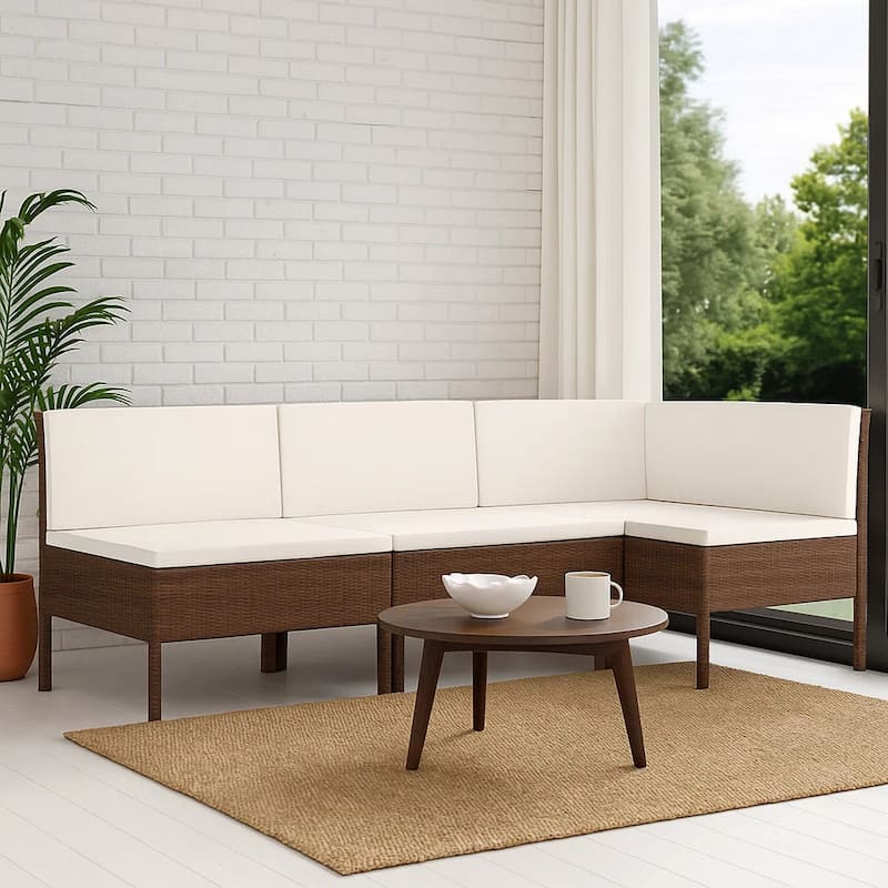 3pc Outdoor Modular Sofa Set, Cushions, Cream White, Brown Poly Rattan