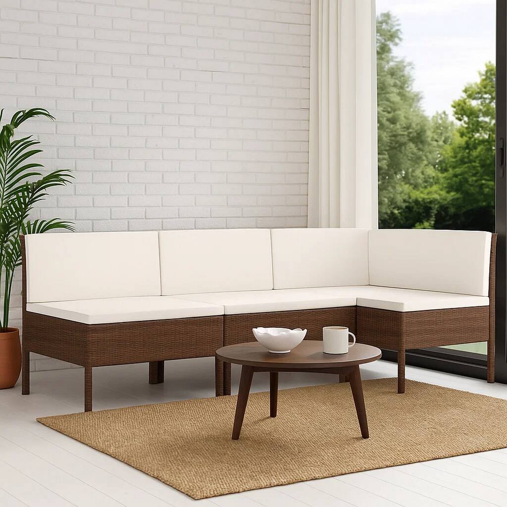 3pc Outdoor Modular Sofa Set, Cushions, Cream White, Brown Poly Rattan