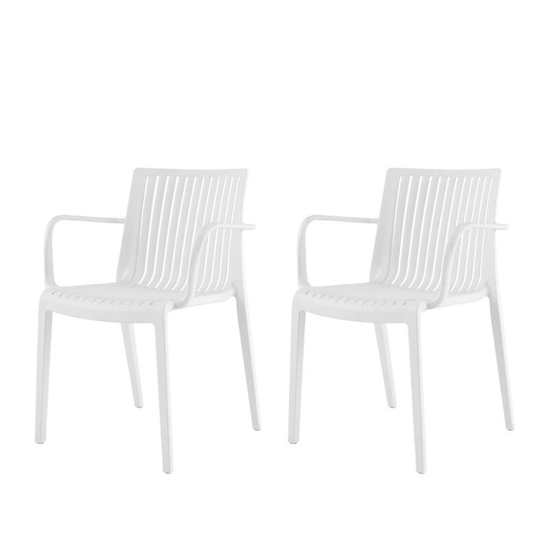 HomeRoots Set of Two White Heavy Duty Plastic Outdoor Stacking Arm Chairs