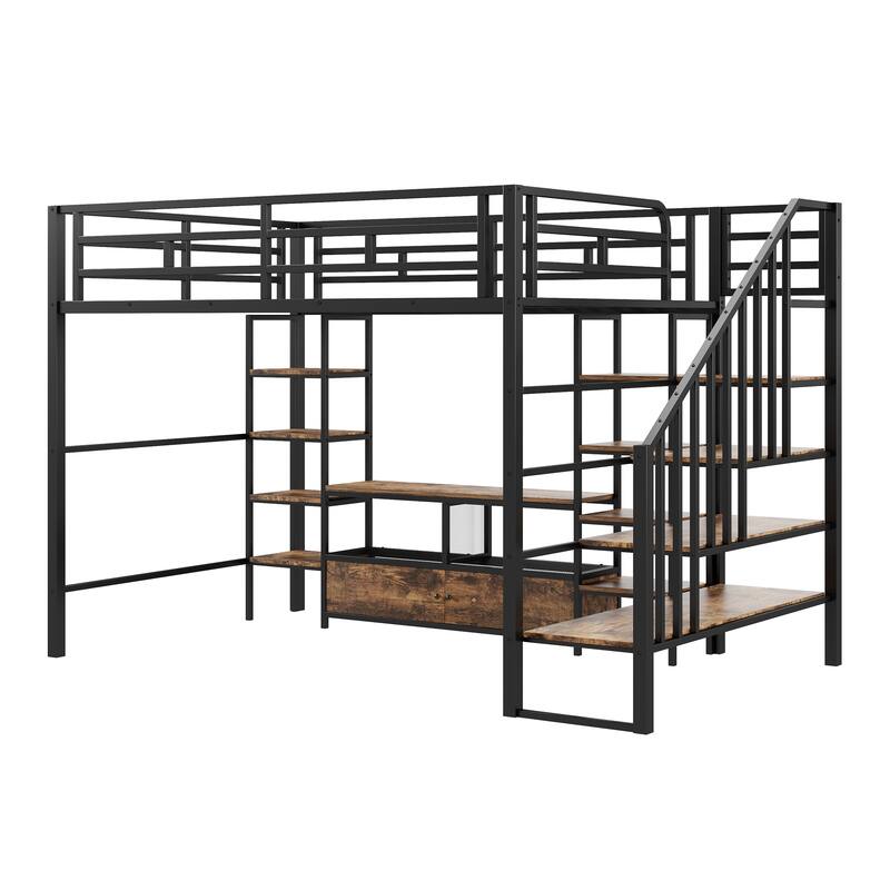 Full Size Metal Loft Bed with Staircase, Storage Table, and Shelves, Black