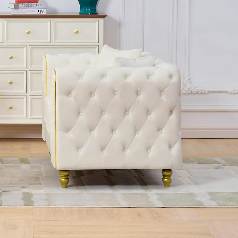 Roomfitters 63" Modern Upholstered Chesterfield Loveseat with Gold Trim, Button Back 2-Seater Couch for Small Spaces