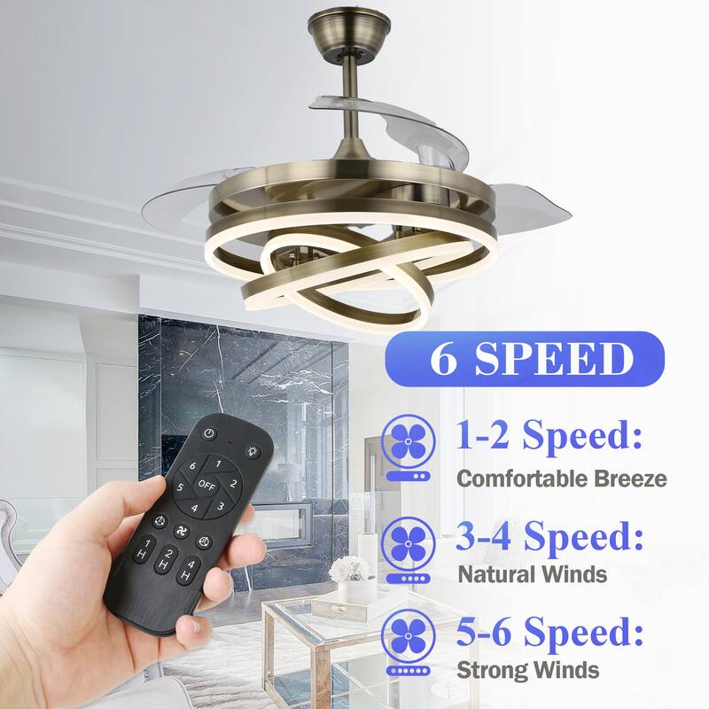 Bella Depot 42" Modern Retractable DIY Shape Ceiling Fan with Remote, 6-Speed Reversible Ceiling Fan with LED Light