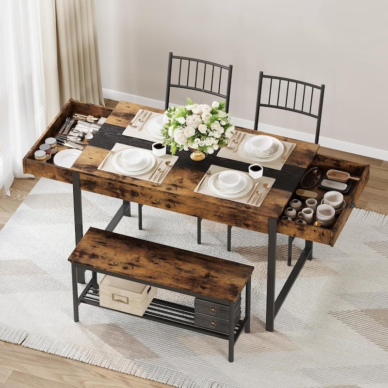 Space Saving Kitchen Dining Table Set with Bench and 2 Chairs and Storage Drawers