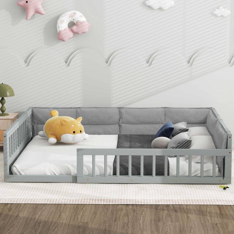 Full Size Upholstered Platform Bed Frame with Guardrail and Pillows, No Box Spring Required, Sturdy and Comfortable for Bedroom